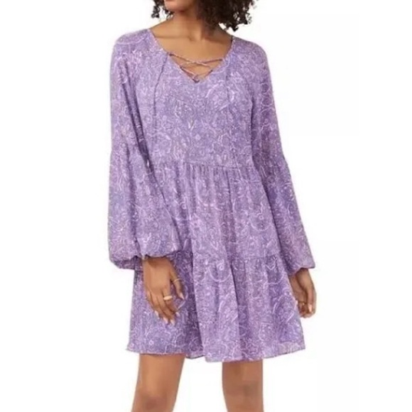 Vince Camuto Boho Dress Purple Lilac Paisley Long Balloon Sleeves-Large - Picture 1 of 10